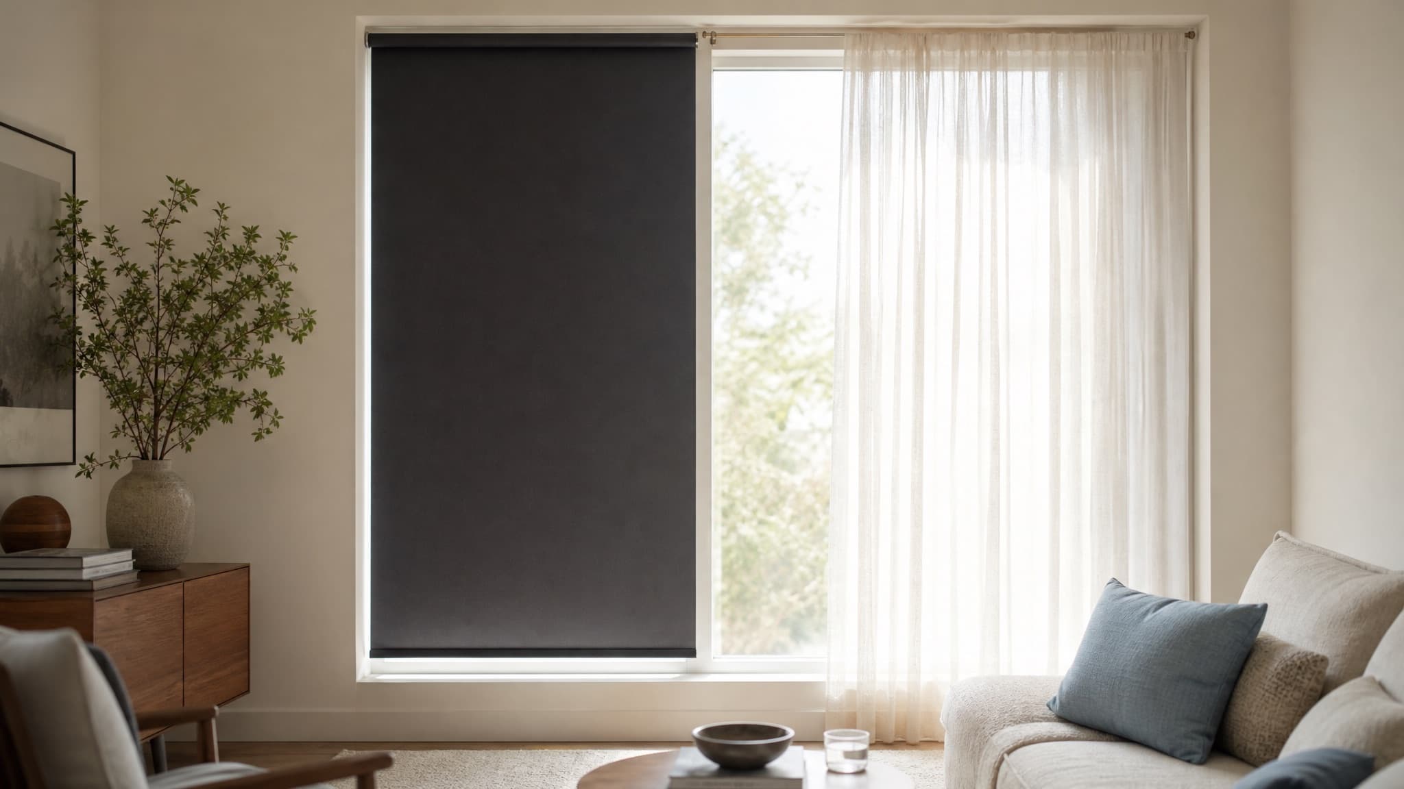 One window styled two ways: a charcoal blackout blind drawn on the left, an airy daylight sheer on the right