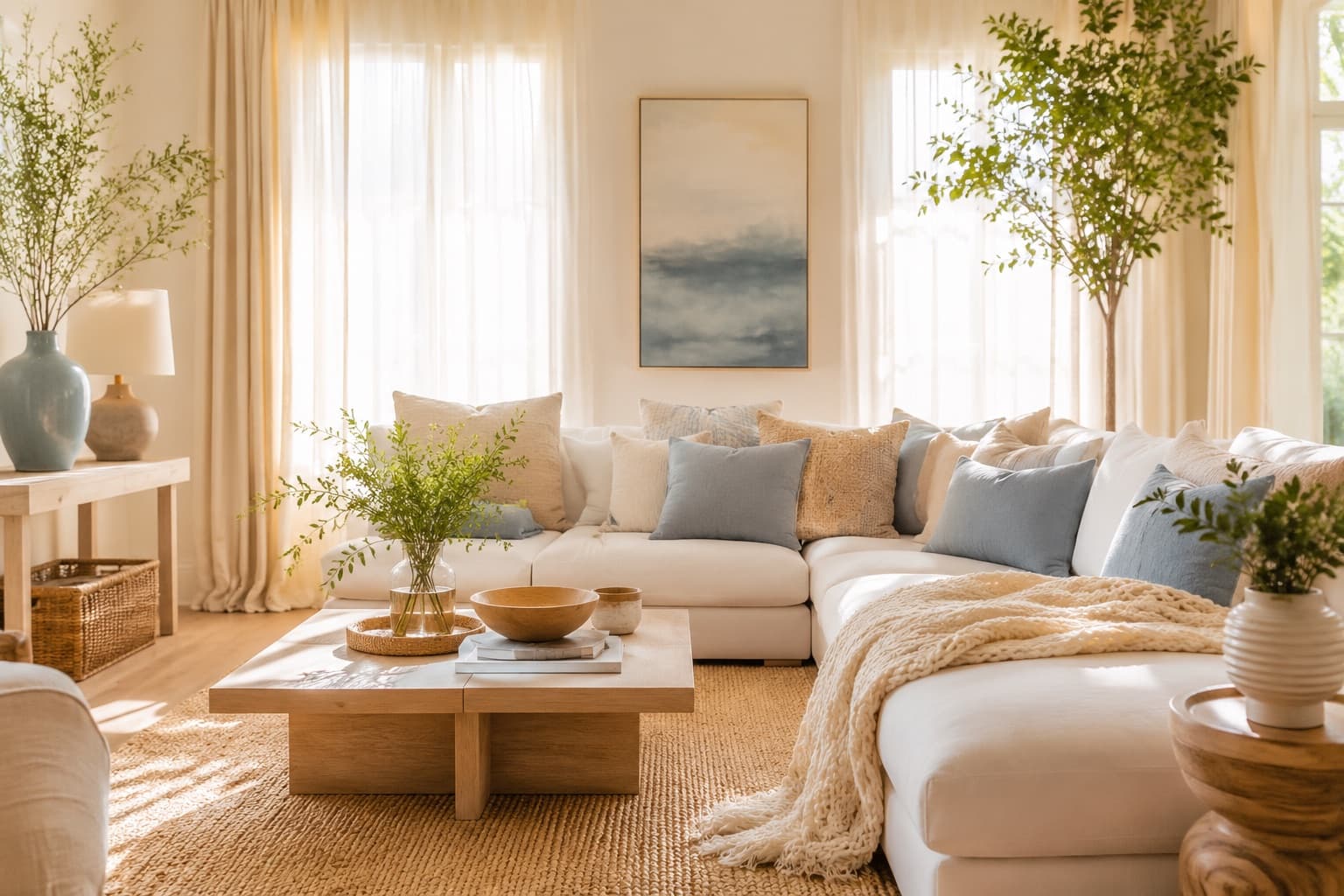 A bright living room where soft daylight is filtered through layered window treatments